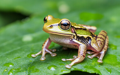 Naklejka premium Close-up of a colorful frog on a green leaf in its natural habitat.