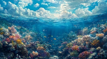 Fototapeta premium Underwater Coral Reef with Tropical Fish and Sunbeams