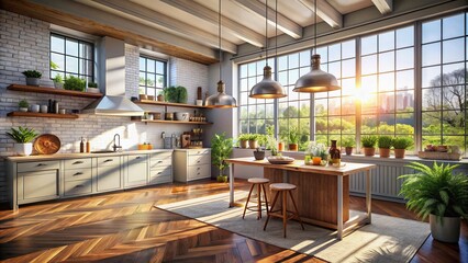 3D render: Scandi kitchen, drone perspective, morning sun.