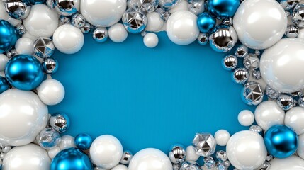 Obraz premium Festive Blue White Silver Baubles Frame on Blue Background Holiday Decoration Christmas Ornament