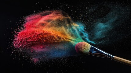 Advertisement pictures for makeup brushes. A makeup brush gently dusting colorful powder with vibrant hues of eyeshadow spreading in the air.