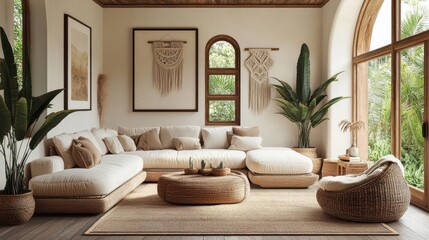 A cozy, modern living room features natural light, earthy tones, plush seating, and greenery, creating a calm and inviting atmosphere.
