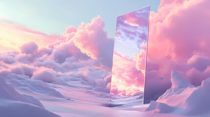 Surreal landscape with a large, upright mirror reflecting pastel clouds, set in a serene snowy environment, evoking tranquility and dreamlike reflections. Dreamscape. Illustration