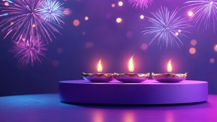 Banner design for diwali festival and podium,Diwali light decoration candle with fireworks,Stage,Product display Showcase design sparkle background,Deepavali,Dipavali,3D podium illustration.
