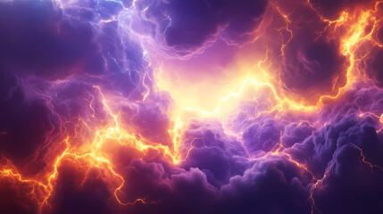 Surreal purple cloudscape of intense bright sunlight glow, dramatic electrifying flame clouds and late afternoon golden hour rainbow fusion of vibrant blue and orange colors. Dreamscape. Illustration