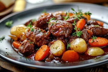 Beef bourguignon plate a traditional French beef stew in red wine sauce and vegetables, Depth
