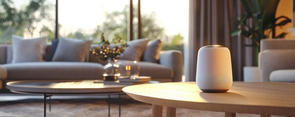 Fototapeta premium Smart home device on wooden table in cozy living room with soft lighting. scene features modern aesthetic, showcasing comfort and technology harmoniously