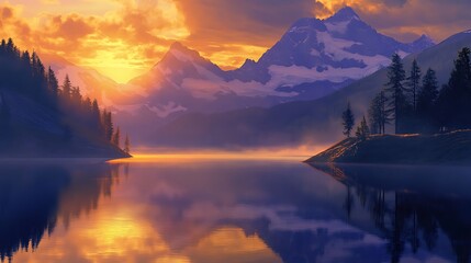 Fototapeta premium A Serene Mountain Lake at Sunset with Fog and Reflections