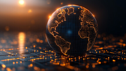 Glowing digital globe on a circuit board with warm light reflections.