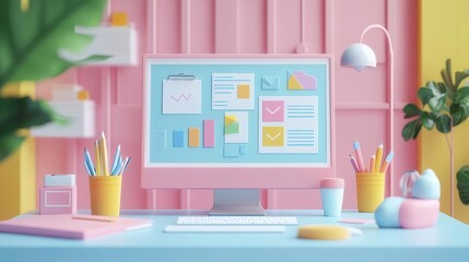 A colorful, modern workspace featuring a computer, stationery, and plants, creating an inviting and productive environment.