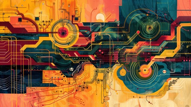 Abstract circuit board designs blending technology and art in creative compositions. Illustrations