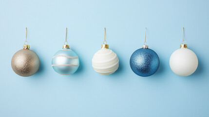 Winter Wonderland: A festive row of five Christmas ornaments in shades of white, silver, and blue, hanging on a crisp blue background.  The image evokes a sense of holiday cheer and elegance.  