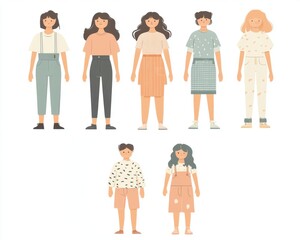 Fototapeta premium Cartoon images, illustrations that are character designs of people, both children and adults, both men and women, on a separate white background for use in various media.