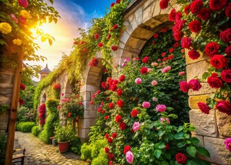 Obraz premium Architectural Rose Garden Photography AI Art, Rose Flowers in Stone Walls, Elegant Floral Architecture