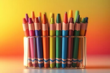 Fototapeta premium A vibrant collection of colorful crayons neatly arranged in a clear holder against a gradient background, ideal for artistic creativity and fun.