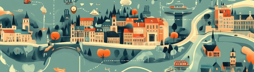 Fototapeta premium Stylized map featuring iconic transportation buildings and scenic routes for adventurous explorers