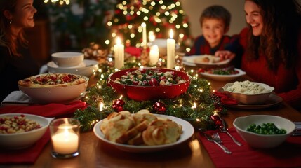 Fototapeta premium A picture of people happily eating together, while the house is decorated for Christmas, including a Christmas tree and many gifts and decorative lights. Christmas, a festival of happiness.