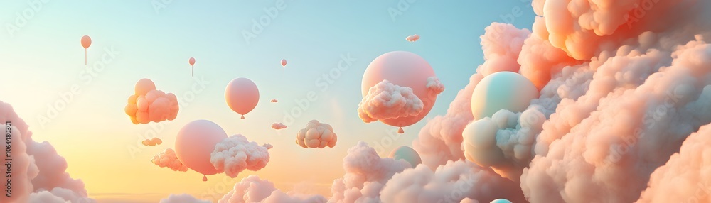 Poster a dreamy landscape of soft clouds and floating balloons