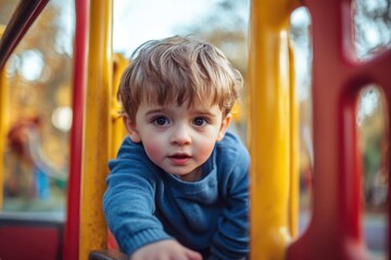Child boy playing on playground equipment in the park, Depth of field