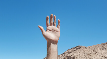 Reaching For The Sky: A lone hand reaches towards the vast blue sky, symbolizing ambition, hope, and the pursuit of dreams.