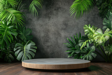 modern platform podium surrounded by lush green tropical plants creates serene and inviting atmosphere. This setting is perfect for showcasing products or art in natural environment