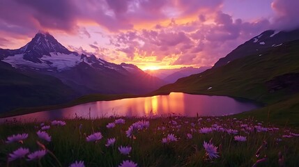 Mountain Lake at Sunset with Purple Flowers