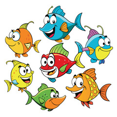 Obraz premium Cute cartoon animal set of funny fish vector illustration