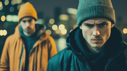 Intense urban scene with two men in stylish winter wear, focused and serious