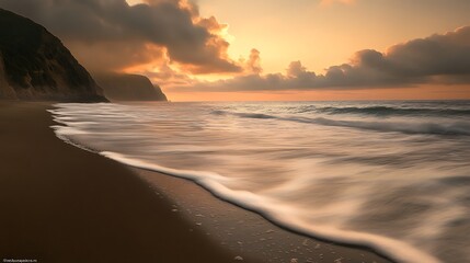 Obraz premium Coastal Sunset with Silhouetted Cliffs and Wave Patterns