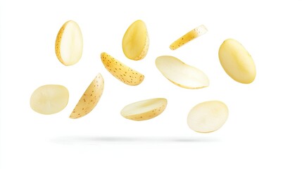 Floating Potato Pieces on White Background