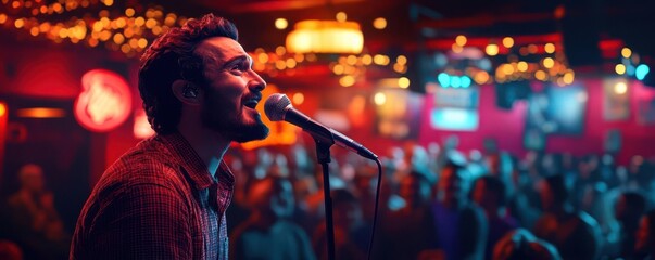 A performer sings passionately into a microphone on stage, illuminated by colorful lights in a lively venue filled with an enthusiastic audience.