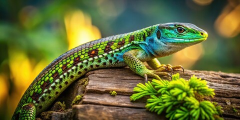 Fototapeta premium Elegantly styled Italian wall lizard atop a wooden stump, embodying the essence of natureâ€™s beauty, perfect for wildlife photography and fashion-inspired outdoor settings.