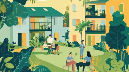 Co-housing communities promoting shared living, cooperation, and sustainability. Illustrations