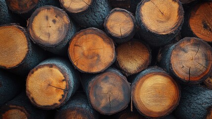 Fototapeta premium Forest pine and spruce trees. Log trunks pile, the logging timber wood industry. Wide banner