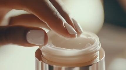 Close-up of a hand applying cream from an elegant jar.