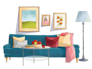 Living room with sofa and paintings