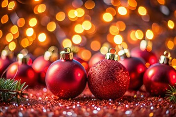 Christmas baubles, meticulously focused, radiate festive cheer under sparkling lights.