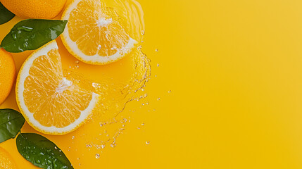 Slide cut piece of orange drop on orange background with orange juice splash water with copy space 