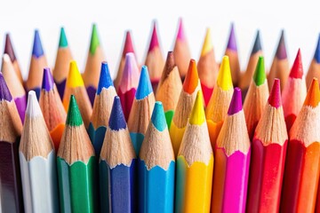 Fototapeta premium Colorful Pencils Close Up, White Background, Copy Space