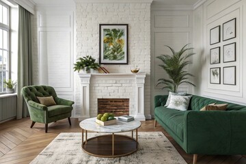 Elegant living room interior, white brick fireplace, emerald green velvet sofa, vintage armchair, round marble coffee table, botanical wall art, potted plants, hardwood floor, area rug, gallery wall, 