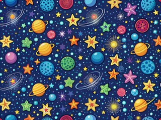 Cosmic Seamless Pattern, Children's Wallpaper, Blue Background, Stars, Minimalist