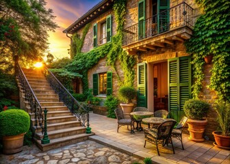 Fototapeta premium Elegant Villa Silhouette with Ivy-Clad Walls, Shaded Patio, and Manicured Garden for Serene Outdoor Living