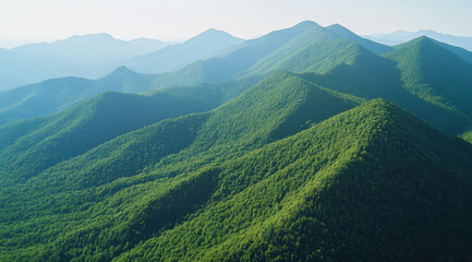 Obraz premium Aerial view of green mountains with lush forests, showcasing beauty of nature and tranquility. vibrant greenery and rolling hills create serene landscape