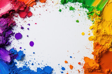 Colorful paint splashes create vibrant border around blank canvas, showcasing all colors of rainbow. This artistic display evokes creativity and inspiration