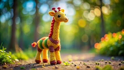 Fototapeta premium Crochet tilt-shift giraffe amigurumi. Handmade, unique, and adorable. Collectible toy. Perfect gift idea.