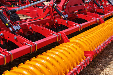 Close-up of a large modern plow yellow color or disc harrow for cultivating the land. New model of...