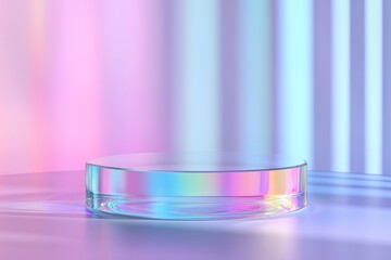 Circular glass podium with pastel reflections and light stripes