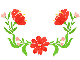 Red and pink flowers in green leaves and arranged in a semicircle