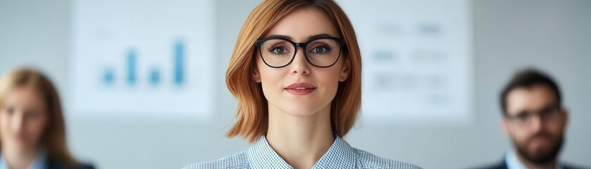 Fototapeta premium A confident woman in glasses stands in focus, with colleagues in the background, indicating a professional setting, possibly a meeting or presentation.