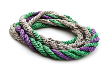 Obraz premium durable colored rope for climbing equipment on a white background. knot of braided cable. item for tourism and travel